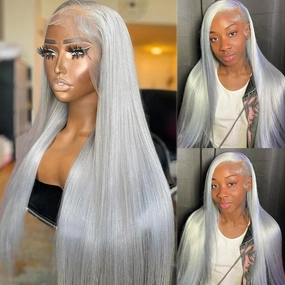 13x6 Grey Lace Front Wigs Human Hair 180% Density Straight 13x6 HD Transparent Lace Frontal Human Hair Wig for Black Women Natural Gray Silver Glueless Wigs Brazilian Virgin Remy Pre Plucked 18 Inch
