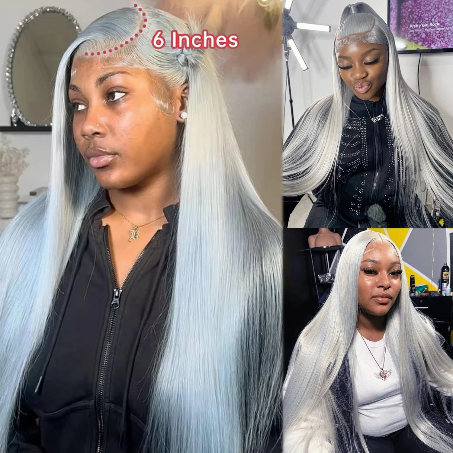 13x6 Grey Lace Front Wigs Human Hair 180% Density Straight 13x6 HD Transparent Lace Frontal Human Hair Wig for Black Women Natural Gray Silver Glueless Wigs Brazilian Virgin Remy Pre Plucked 18 Inch