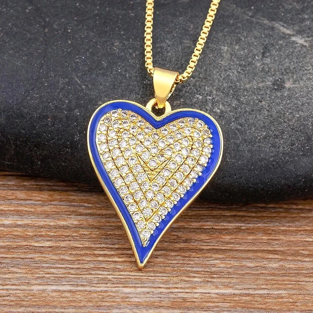 14K Gold Filled Heart Necklace For Women - 6 Colors Heart Shape Shiny Rhinestone Pendant Necklaces, Heart Gold Necklace, Dainty Heart Necklace