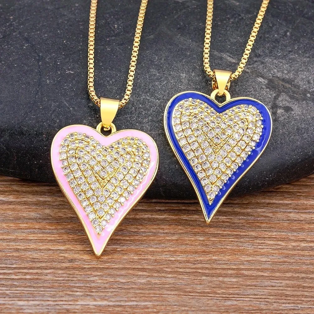 14K Gold Filled Heart Necklace For Women - 6 Colors Heart Shape Shiny Rhinestone Pendant Necklaces, Heart Gold Necklace, Dainty Heart Necklace