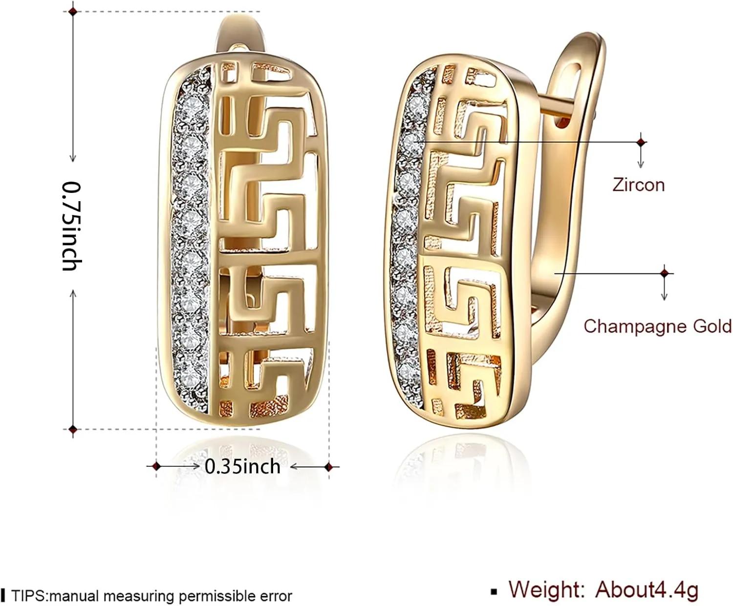 14K Gold Plated Pattern Cutout/Double Row Diamond Earrings for Womens, Cubic Zirconia Hoop Earrings