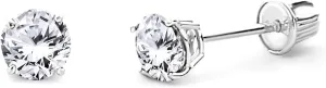 14k REAL White Gold 4mm Round Solitaire Basket Set Stud Earrings with Screw Back - 12 Different Color Available