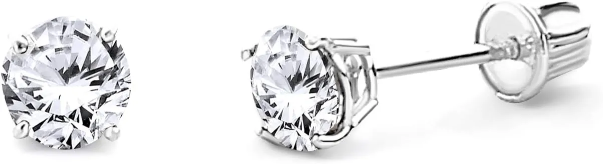 14k REAL White Gold 4mm Round Solitaire Basket Set Stud Earrings with Screw Back - 12 Different Color Available