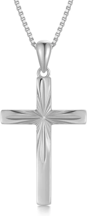 14K Solid Gold Cross Necklace With Durable Box Chain, Sparkling Gold Italian Diamond-cut Crucifix Cross Pendant Religious Confirmation Jewelry for Women 18" Gold Box Chain