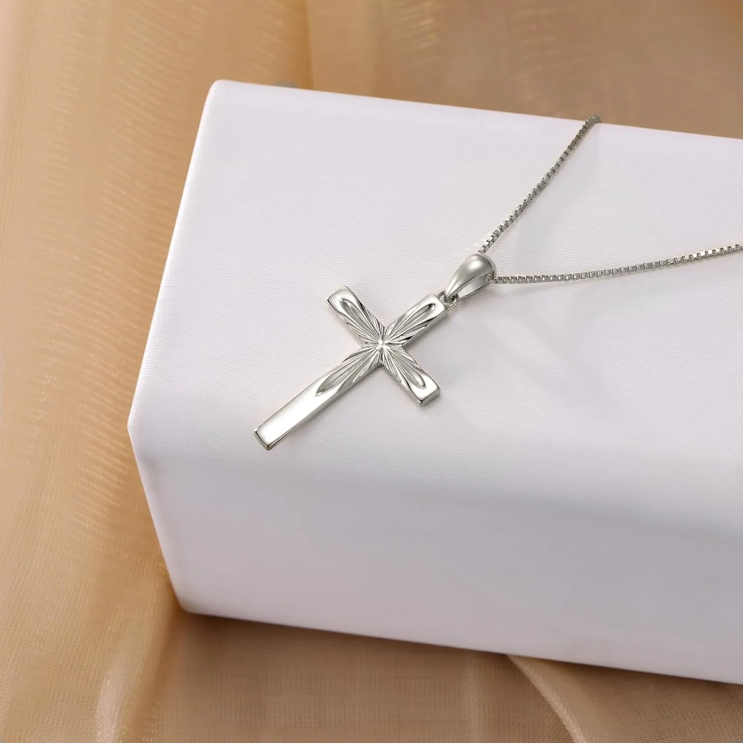 14K Solid Gold Cross Necklace With Durable Box Chain, Sparkling Gold Italian Diamond-cut Crucifix Cross Pendant Religious Confirmation Jewelry for Women 18" Gold Box Chain