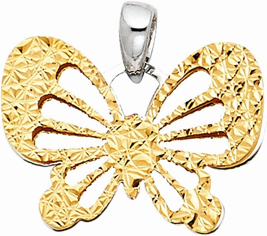 14k Two-Color Gold Lightweight Precision-Cut Shiny Butterfly Pendant Charm