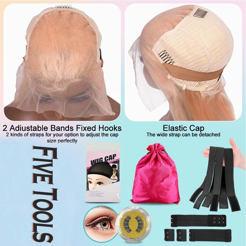 16 Inch Pink Blonde Lace Front Wig Human Hair Rose Gold Human Hair Wigs Pre Plucked 13X4 HD Peachy Colored Wigs For Women 180% Density Strawberry Blonde Straight Lace Front Wig