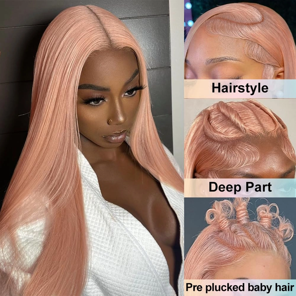 16 Inch Pink Blonde Lace Front Wig Human Hair Rose Gold Human Hair Wigs Pre Plucked 13X4 HD Peachy Colored Wigs For Women 180% Density Strawberry Blonde Straight Lace Front Wig