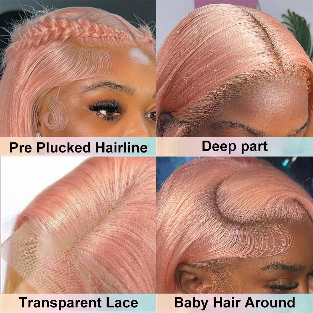 16 Inch Pink Blonde Lace Front Wig Human Hair Rose Gold Human Hair Wigs Pre Plucked 13X4 HD Peachy Colored Wigs For Women 180% Density Strawberry Blonde Straight Lace Front Wig