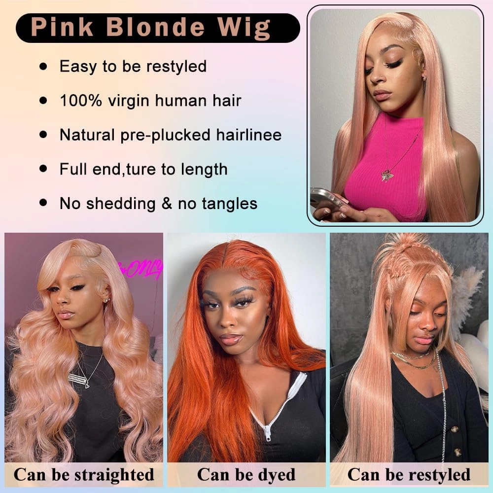 16 Inch Pink Blonde Lace Front Wig Human Hair Rose Gold Human Hair Wigs Pre Plucked 13X4 HD Peachy Colored Wigs For Women 180% Density Strawberry Blonde Straight Lace Front Wig