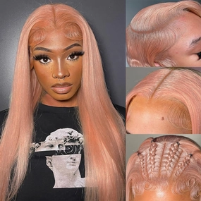 16 Inch Pink Blonde Lace Front Wig Human Hair Rose Gold Human Hair Wigs Pre Plucked 13X4 HD Peachy Colored Wigs For Women 180% Density Strawberry Blonde Straight Lace Front Wig