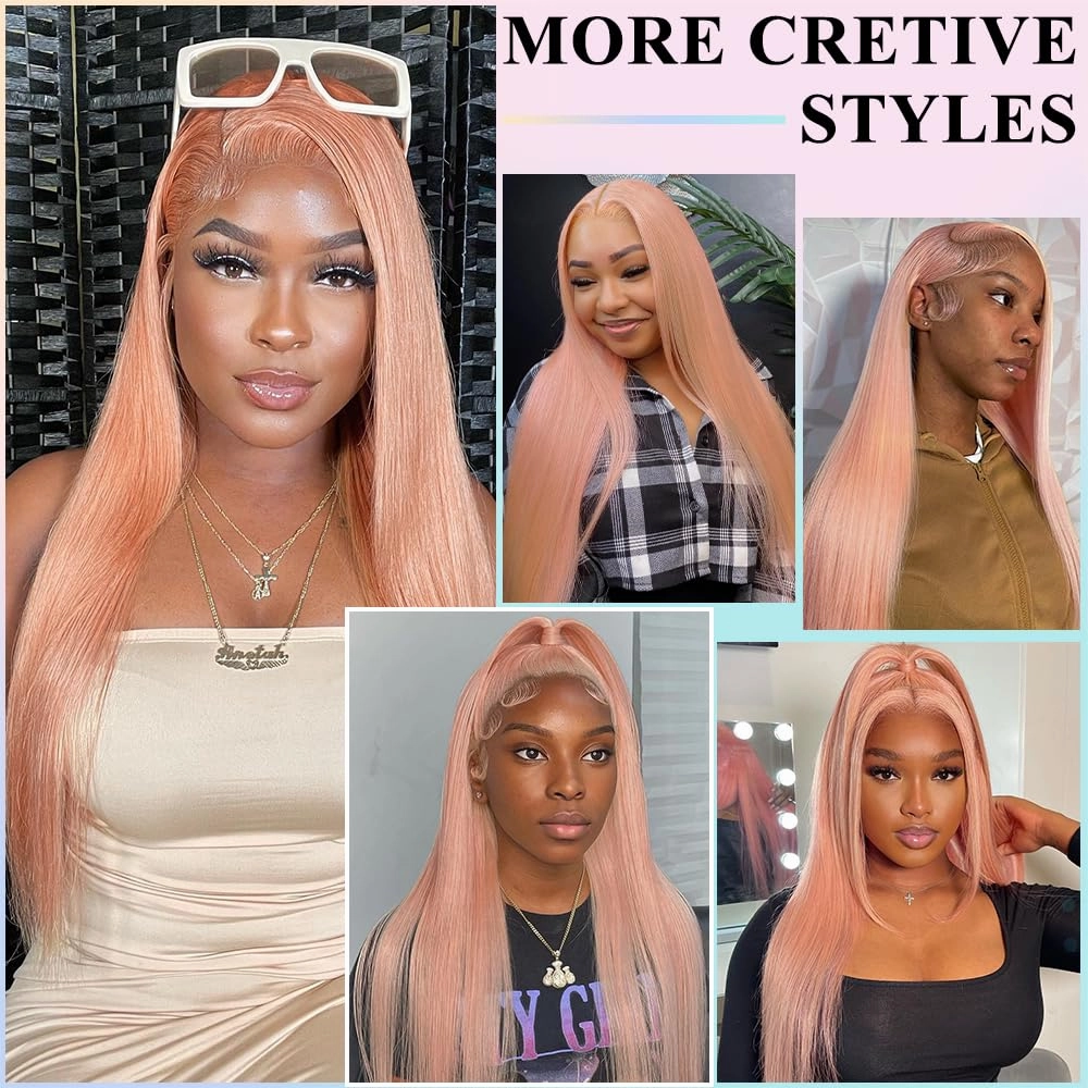 16 Inch Pink Blonde Lace Front Wig Human Hair Rose Gold Human Hair Wigs Pre Plucked 13X4 HD Peachy Colored Wigs For Women 180% Density Strawberry Blonde Straight Lace Front Wig