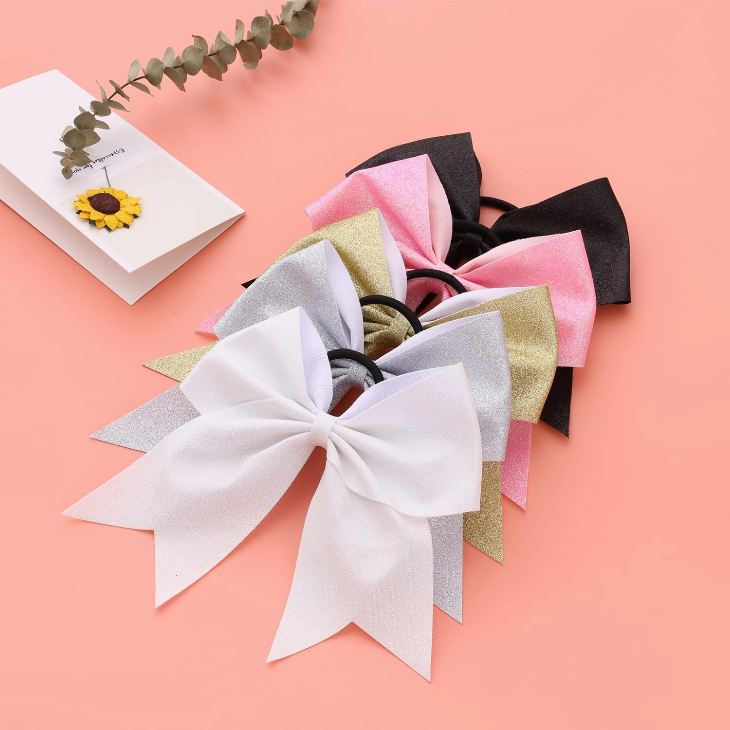 16 PCS Large Silver Glitter Cheer Hair Bows, Shiny Cheerleading Bows Ponytail Holder for Cheerleader Girls Softball Sports and Christmas Tree Decor (Glitter Silver)