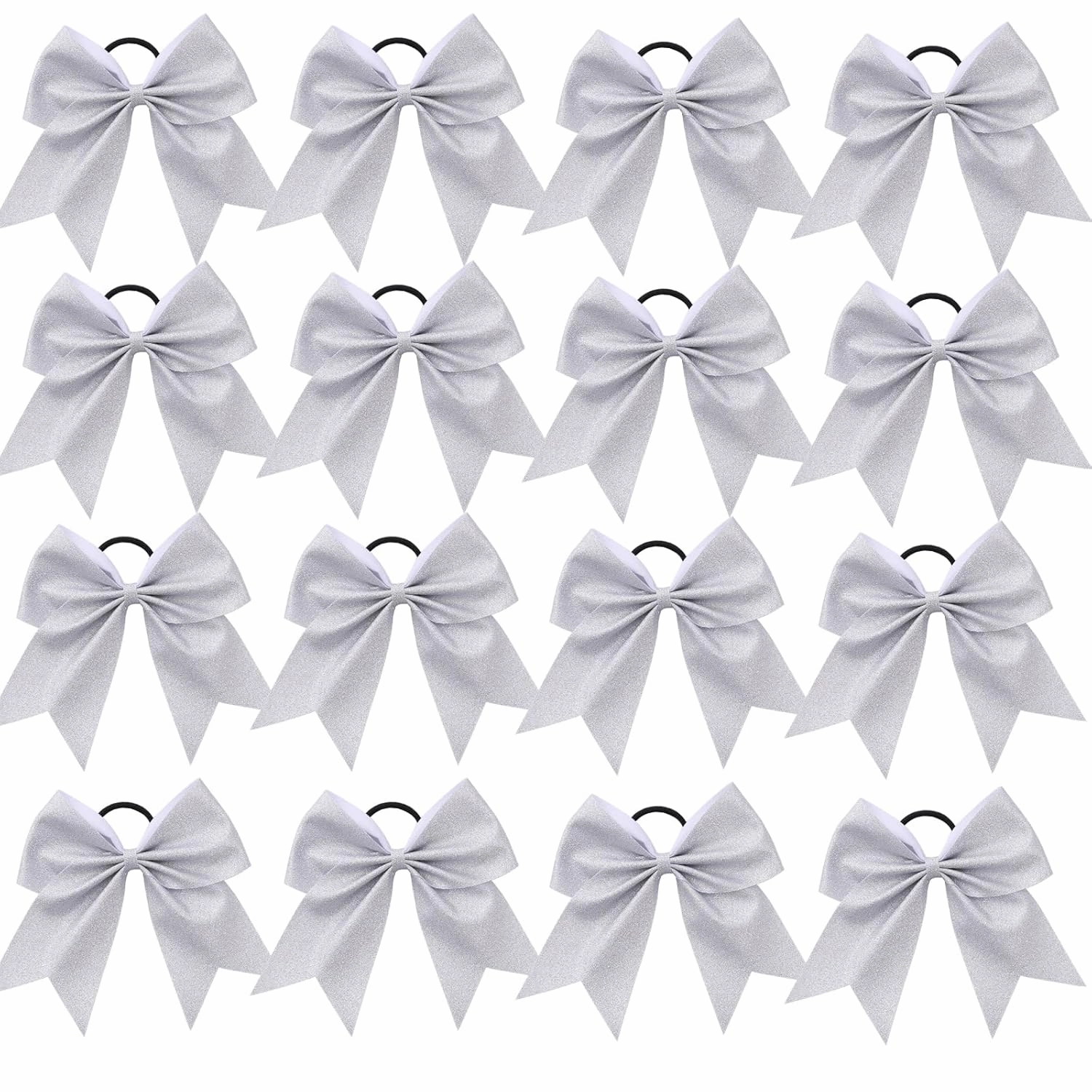 16 PCS Large Silver Glitter Cheer Hair Bows, Shiny Cheerleading Bows Ponytail Holder for Cheerleader Girls Softball Sports and Christmas Tree Decor (Glitter Silver)