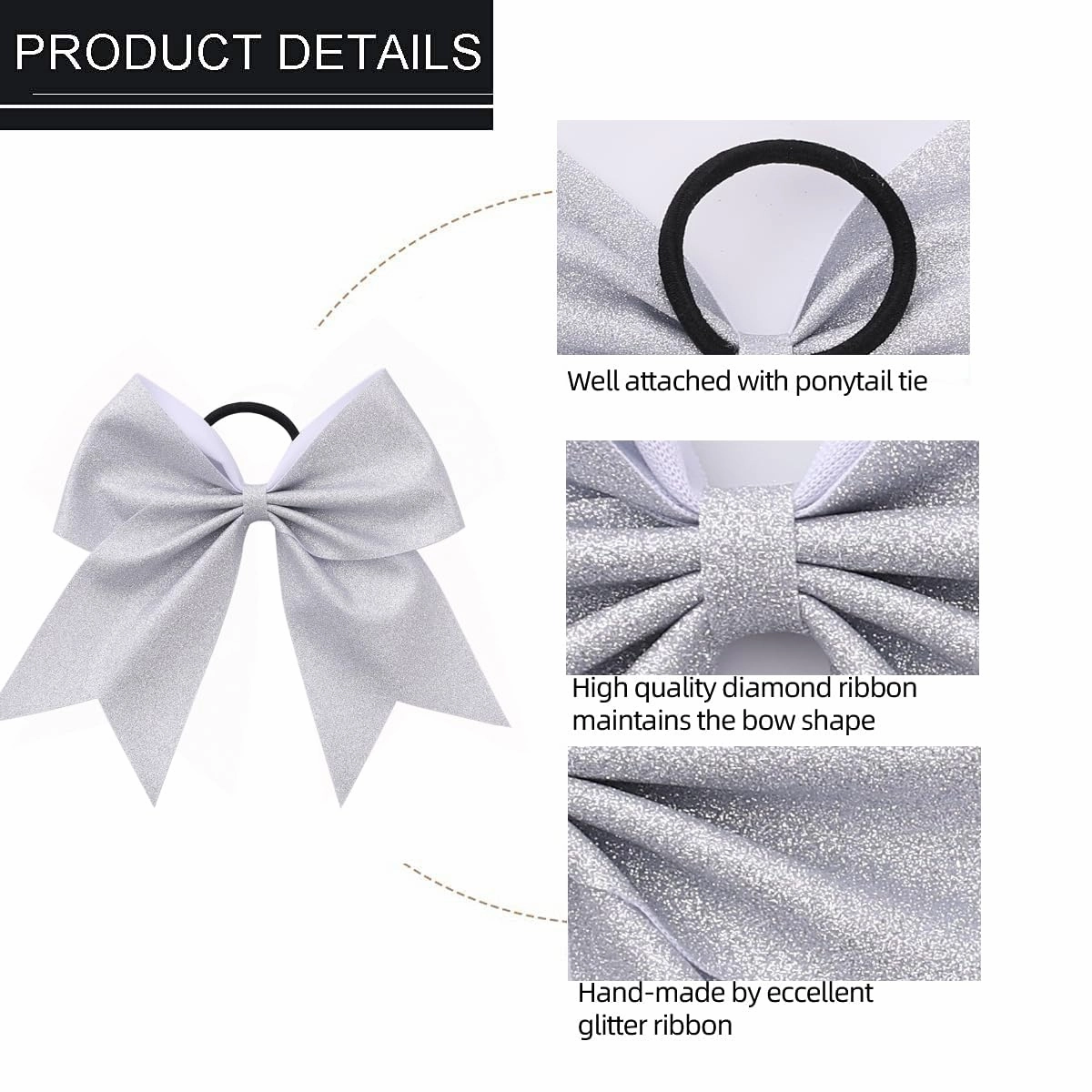 16 PCS Large Silver Glitter Cheer Hair Bows, Shiny Cheerleading Bows Ponytail Holder for Cheerleader Girls Softball Sports and Christmas Tree Decor (Glitter Silver)