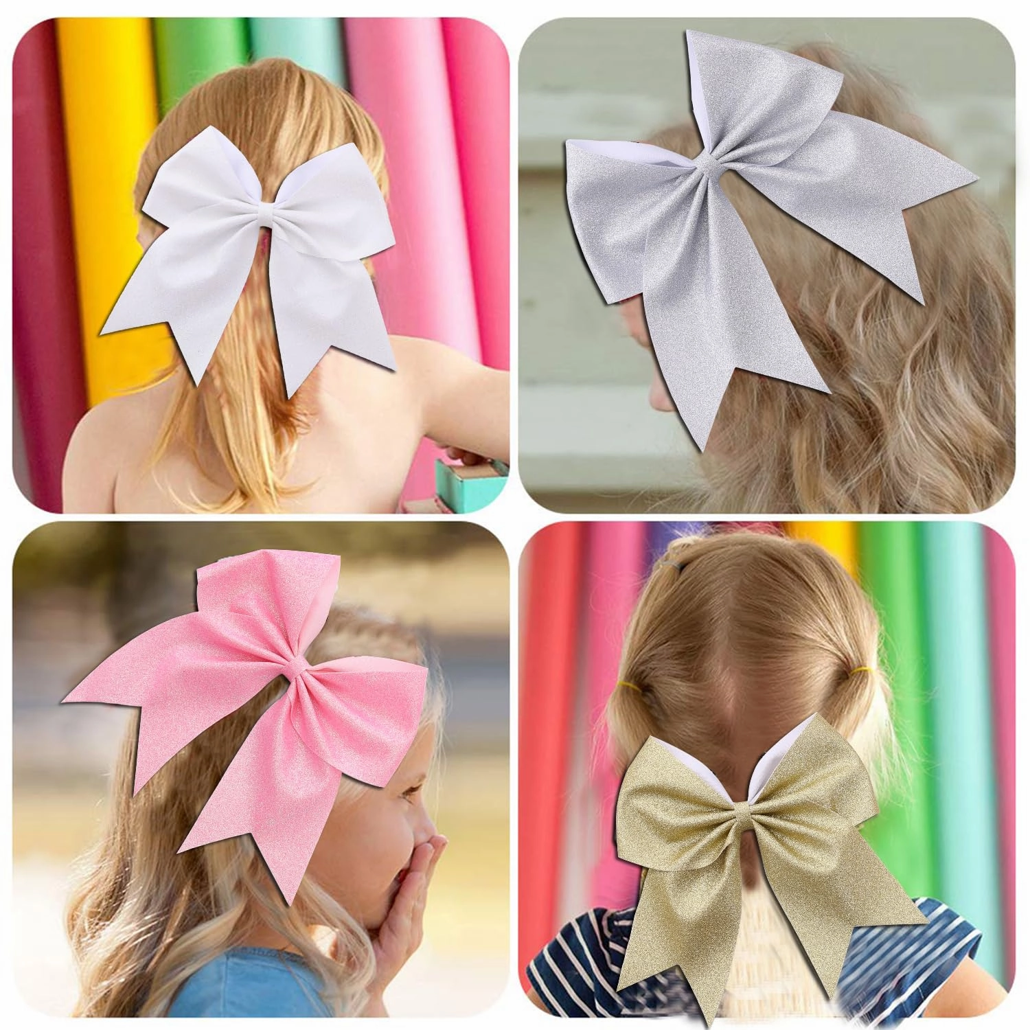 16 PCS Large Silver Glitter Cheer Hair Bows, Shiny Cheerleading Bows Ponytail Holder for Cheerleader Girls Softball Sports and Christmas Tree Decor (Glitter Silver)