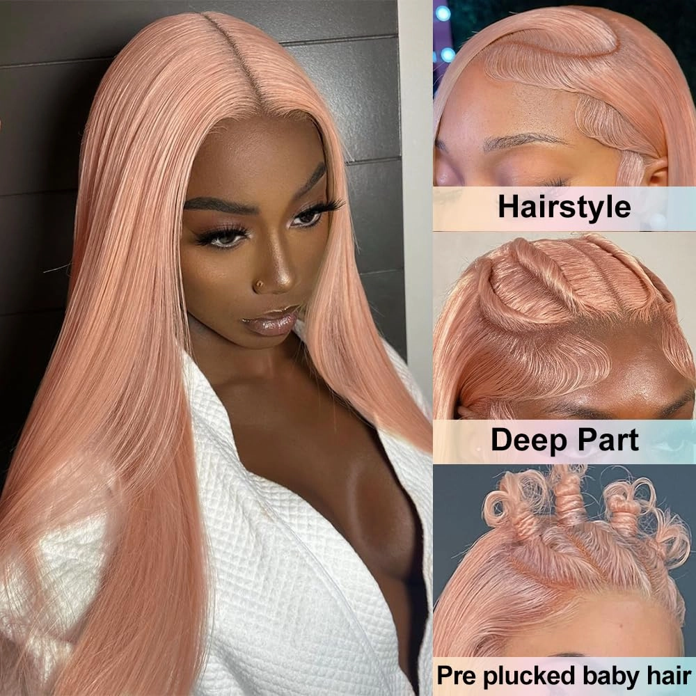 18 Inch Pink Blonde Lace Front Wig Human Hair Rose Gold Human Hair Wigs Pre Plucked 13X4 HD Peachy Colored Wigs For Women 180% Density Strawberry Blonde Straight Lace Front Wig