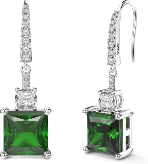 18K White Gold Plated Sterling Silver Square Princess Cut Cubic Zirconia Dangle Earrings for Women CZ Diamond Drop Dangling Earrings for Women Hypoallergenic