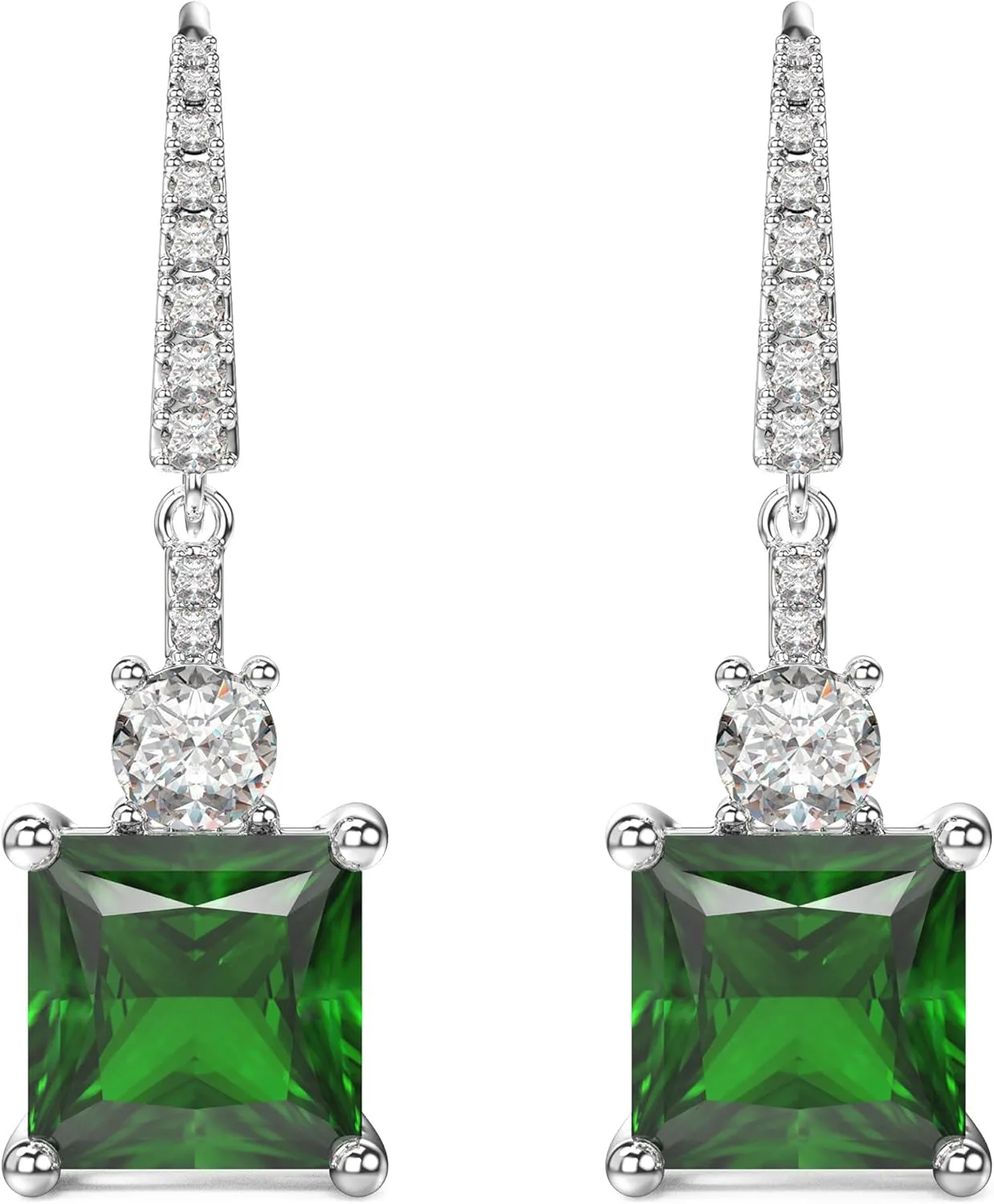 18K White Gold Plated Sterling Silver Square Princess Cut Cubic Zirconia Dangle Earrings for Women CZ Diamond Drop Dangling Earrings for Women Hypoallergenic