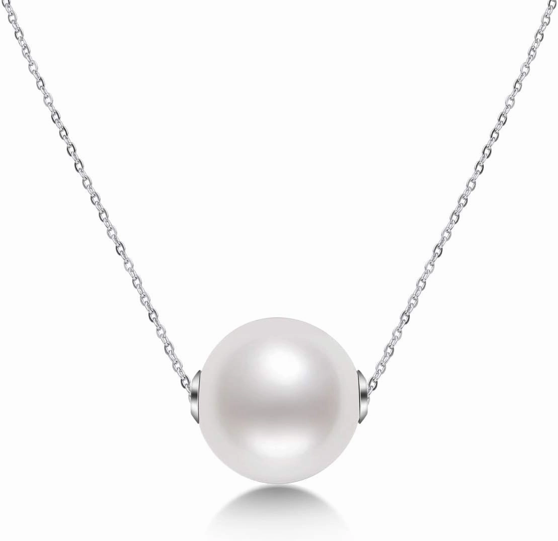18K Gold White Pearl Pendant Necklace 9.5-10mm Freshwater Cultured Single Pearl Necklace Gifts for Women Wife Mom Valentines Day - White Gold/Yellow Gold