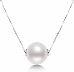 18K Gold White Pearl Pendant Necklace 9.5-10mm Freshwater Cultured Single Pearl Necklace Gifts for Women Wife Mom Valentines Day - White Gold/Yellow Gold