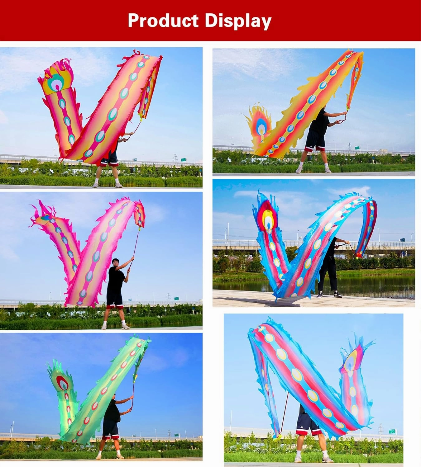 19.6 FT(6 Meters) Rainbow Ribbon Dragon Dance Poi, Outdoor Flinging Fitness Dragon Flowy Toy Silk-like dragon Ribbon Streamer Set with 340g Ball & 1.1 Meters Swing Rope (Pink, 6 Meters (19.6 FT))