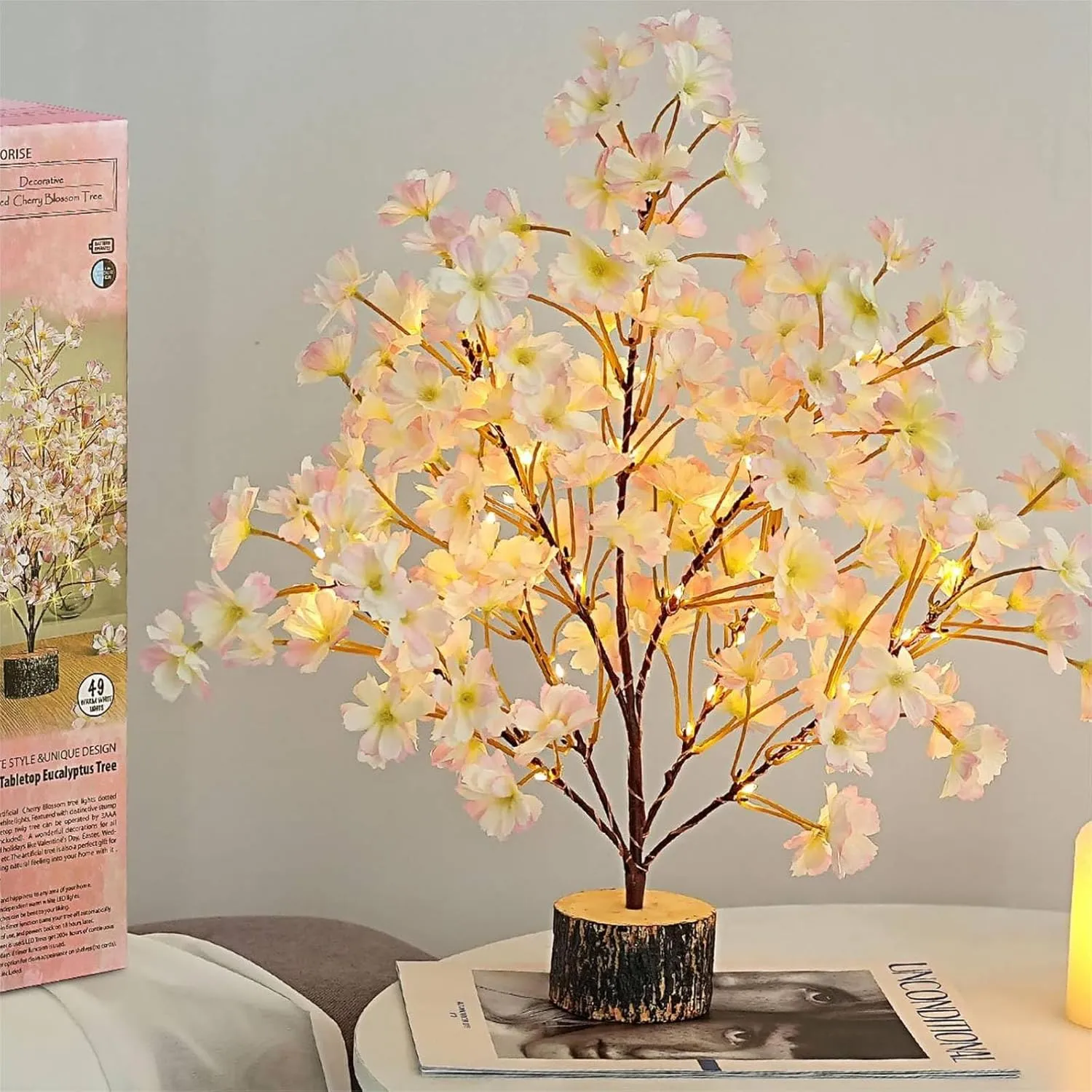 19Inch Cherry Blossom Tree Light, Lighted Artificial Tree with Pink Silk Flowers, 49 Fairy LEDs, Battery Operated Lamp with Timer for Summer Wedding Decorations