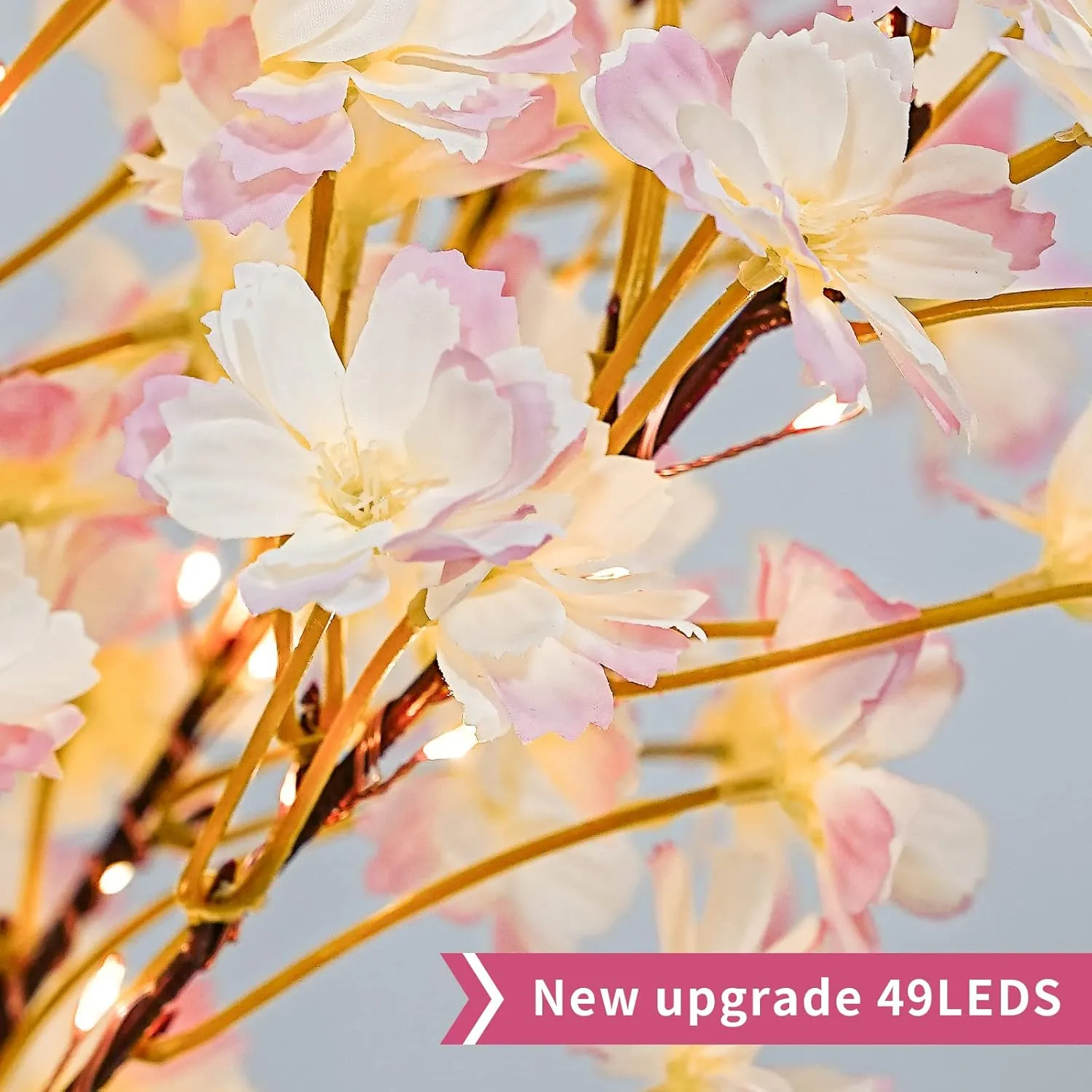 19Inch Cherry Blossom Tree Light, Lighted Artificial Tree with Pink Silk Flowers, 49 Fairy LEDs, Battery Operated Lamp with Timer for Summer Wedding Decorations