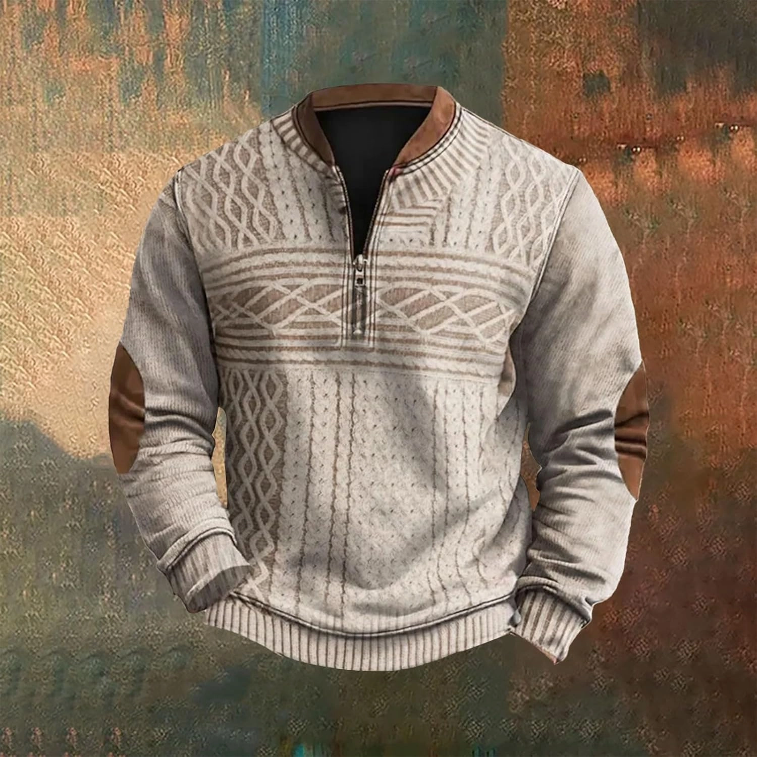 1/4 Zip Pullover Mens Stand Collar Sweatshirt Aztec Knit-Pattern Top Fall Western Vintage Long Sleeve Sweatshirt