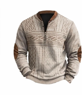 1/4 Zip Pullover Mens Stand Collar Sweatshirt Aztec Knit-Pattern Top Fall Western Vintage Long Sleeve Sweatshirt