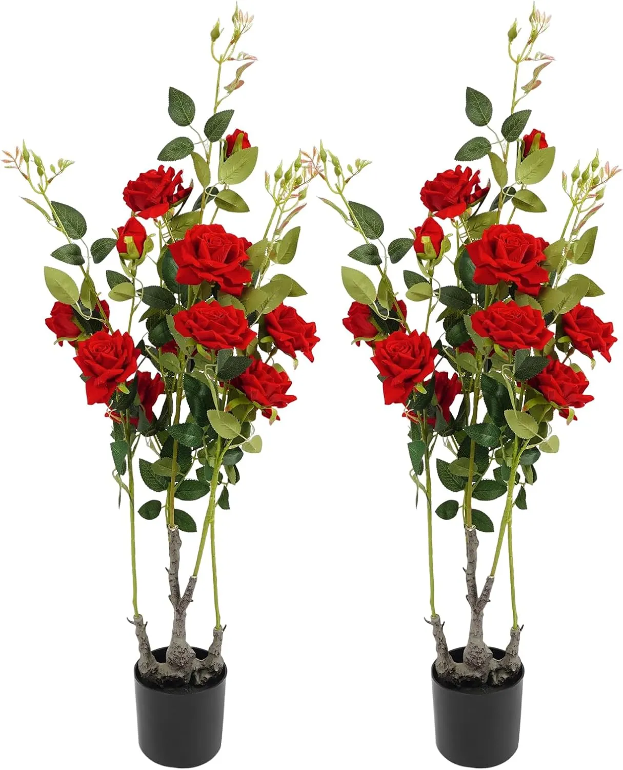 2 Pack Artificial Rose Flower Tree, Artificial Plants & Flowers Blooming Tree in Pot Beautiful Reusable Decorative Silk Fabric Handmade Artificial Flower Tree, for Home, Office, Hotel, Wedding (Red)