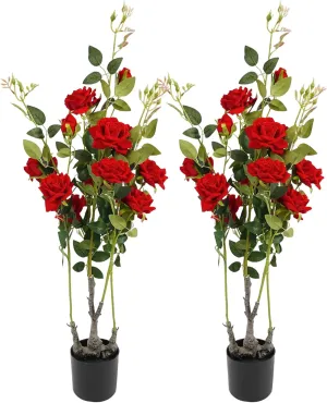 2 Pack Artificial Rose Flower Tree, Artificial Plants & Flowers Blooming Tree in Pot Beautiful Reusable Decorative Silk Fabric Handmade Artificial Flower Tree, for Home, Office, Hotel, Wedding (Red)