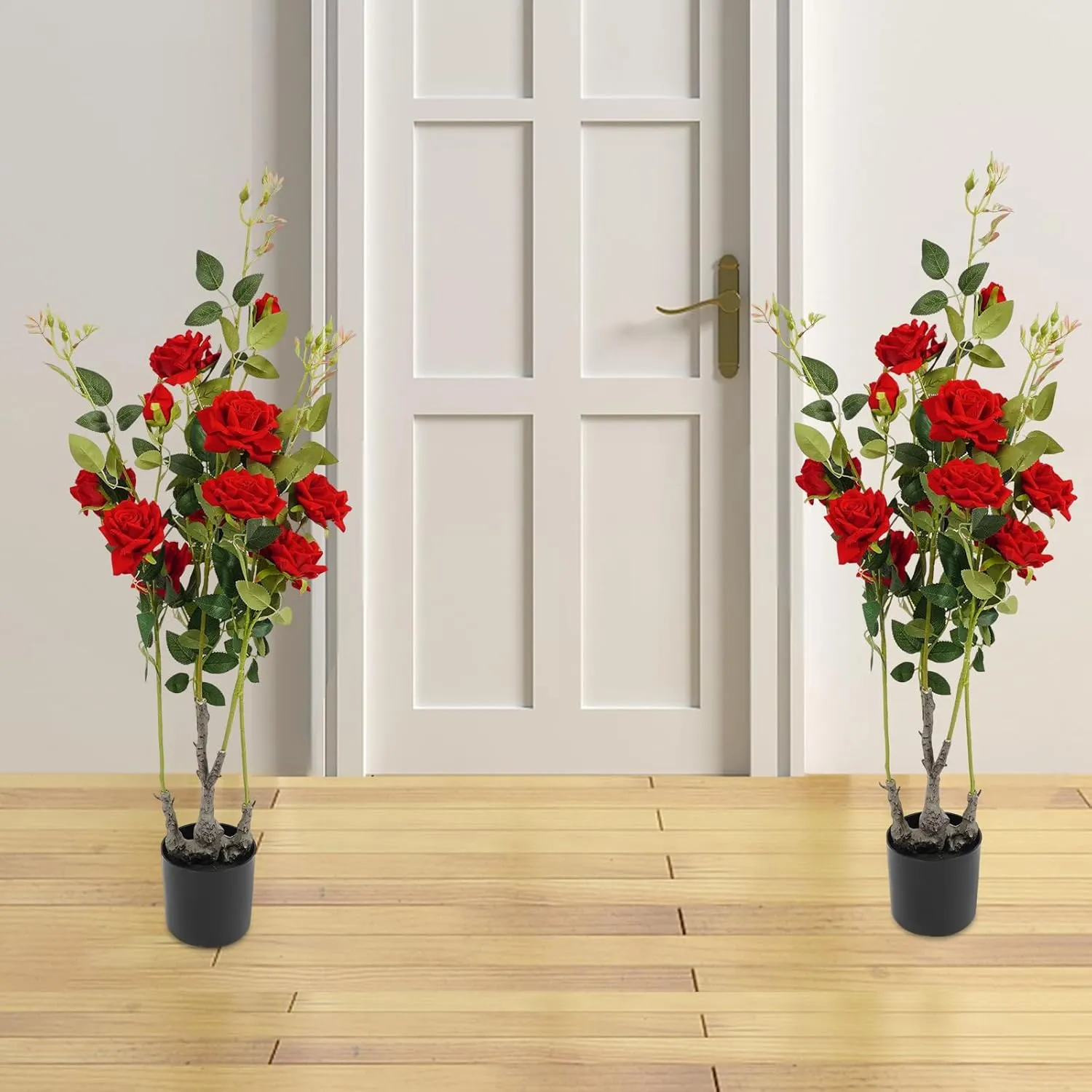 2 Pack Artificial Rose Flower Tree, Artificial Plants & Flowers Blooming Tree in Pot Beautiful Reusable Decorative Silk Fabric Handmade Artificial Flower Tree, for Home, Office, Hotel, Wedding (Red)