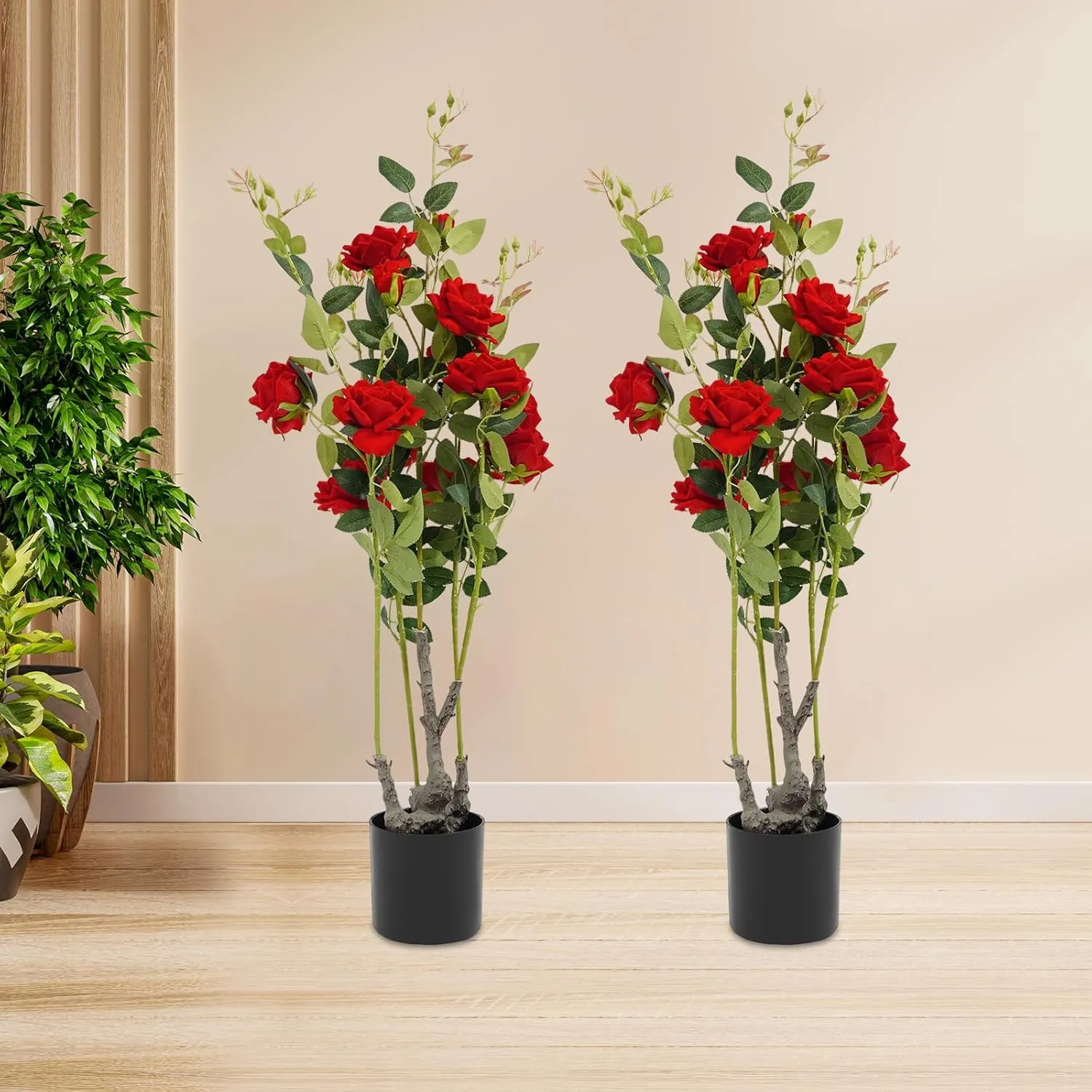 2 Pack Artificial Rose Flower Tree, Artificial Plants & Flowers Blooming Tree in Pot Beautiful Reusable Decorative Silk Fabric Handmade Artificial Flower Tree, for Home, Office, Hotel, Wedding (Red)