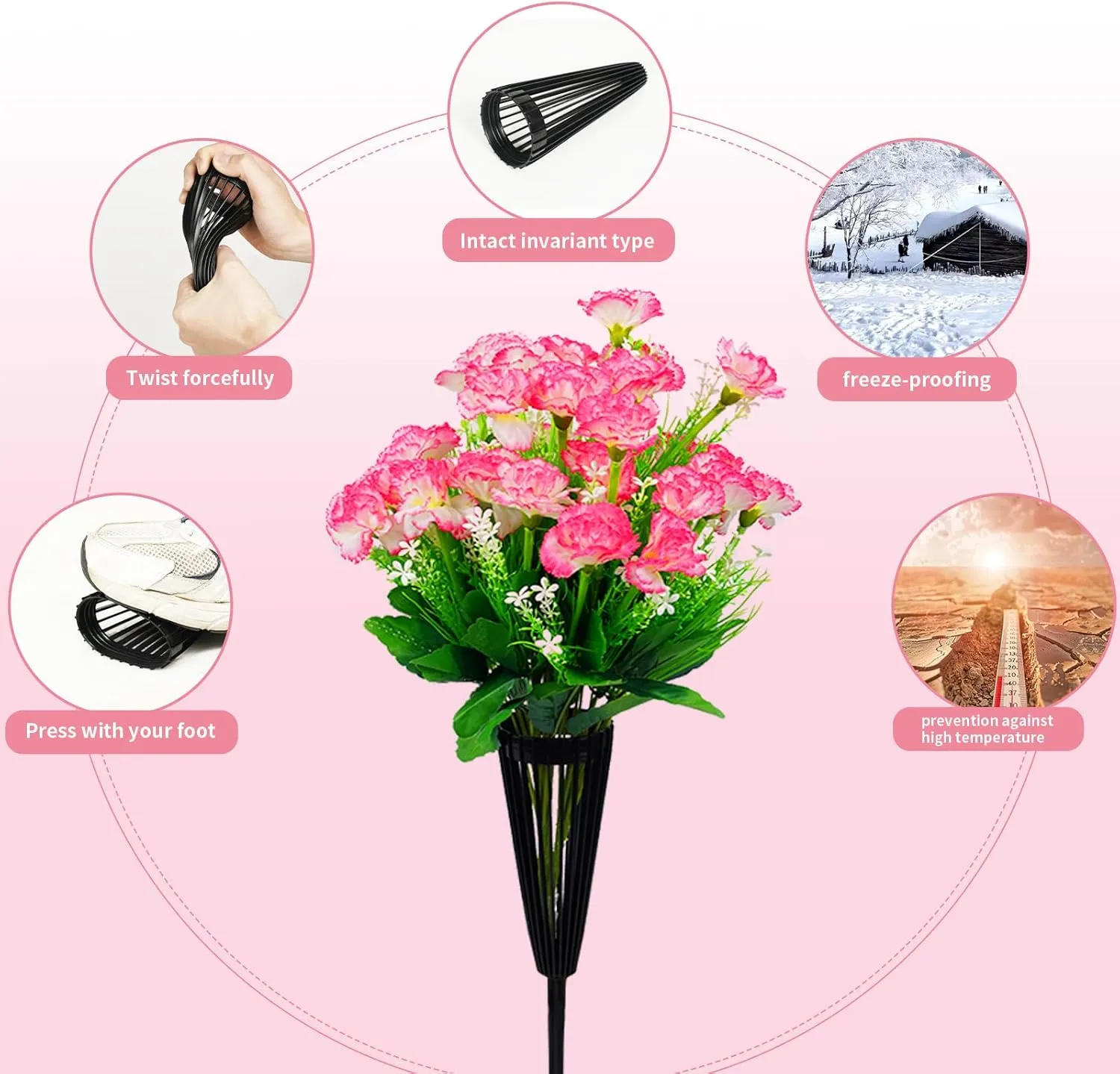 2 Pack Cemetery Flowers Artificial Carnations for Grave - Premium Silk Flowers with Drainage Vase, Fade-Proof Outdoor Memorial Decor(Pink)