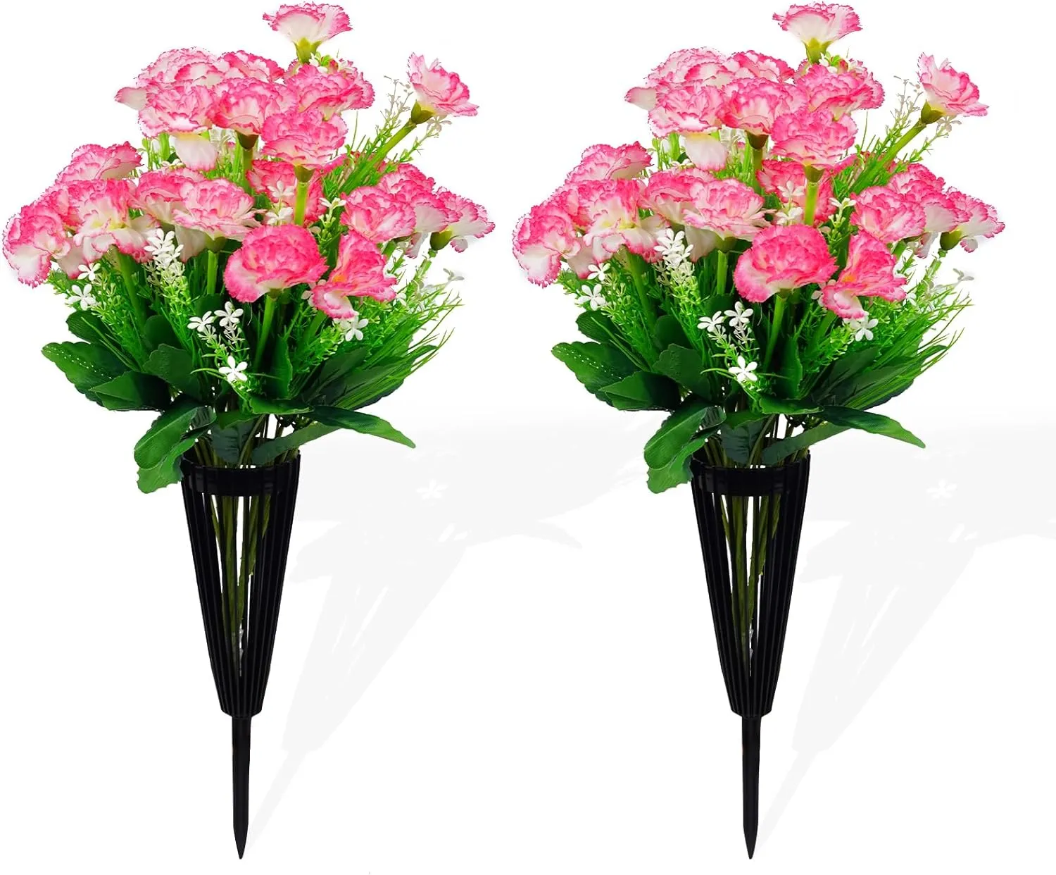 2 Pack Cemetery Flowers Artificial Carnations for Grave - Premium Silk Flowers with Drainage Vase, Fade-Proof Outdoor Memorial Decor(Pink)
