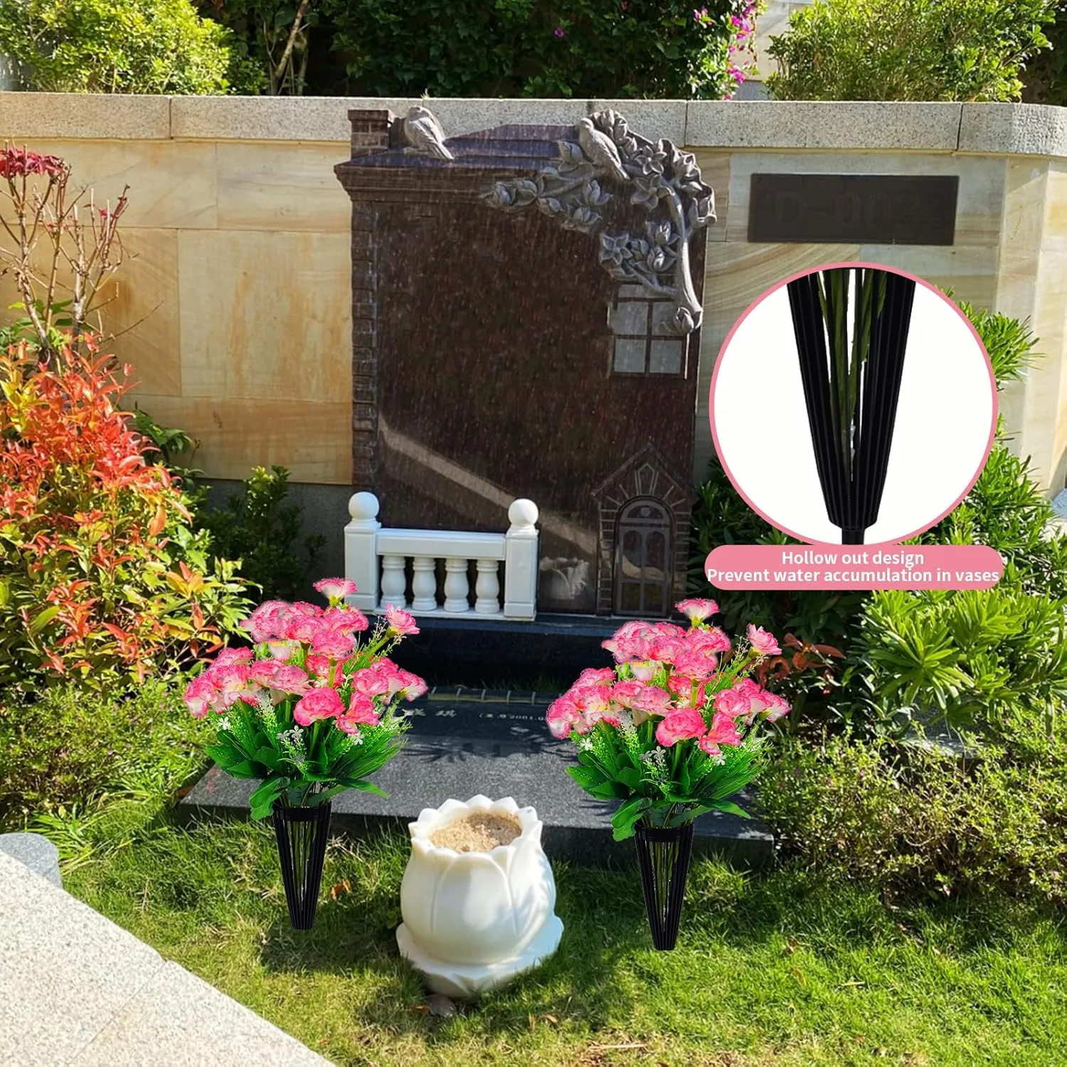 2 Pack Cemetery Flowers Artificial Carnations for Grave - Premium Silk Flowers with Drainage Vase, Fade-Proof Outdoor Memorial Decor(Pink)