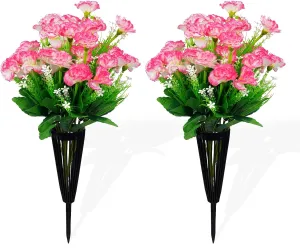 2 Pack Cemetery Flowers Artificial Carnations for Grave - Premium Silk Flowers with Drainage Vase, Fade-Proof Outdoor Memorial Decor(Pink)