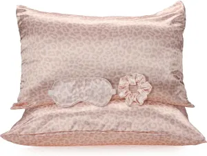 2 Pack Satin Pillowcase with Latent Zipper, Adjustable Satin Eye Mask for Sleeping and Satin Volume Scrunchie for Hair and Skin, Standard Size (Pink, Leopard Style)