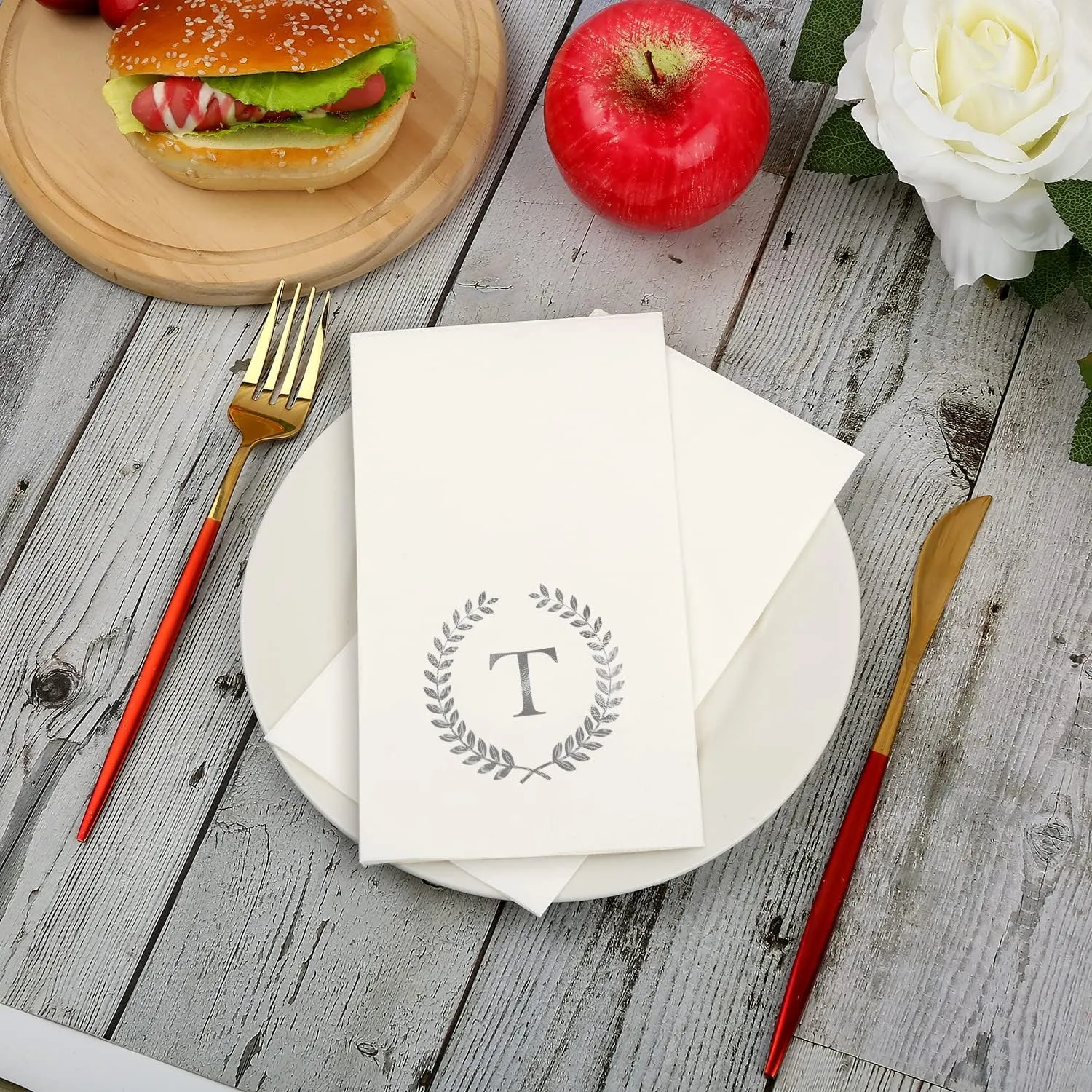 200 Pack Monogrammed Disposable Napkins Silver Foil Letter T Guest Napkins Initial Disposable Hand Paper Towels for Wedding Engagement Baby Shower Party Home Kitchen Bathroom Dinner Decorative Towels