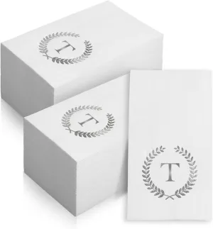200 Pack Monogrammed Disposable Napkins Silver Foil Letter T Guest Napkins Initial Disposable Hand Paper Towels for Wedding Engagement Baby Shower Party Home Kitchen Bathroom Dinner Decorative Towels