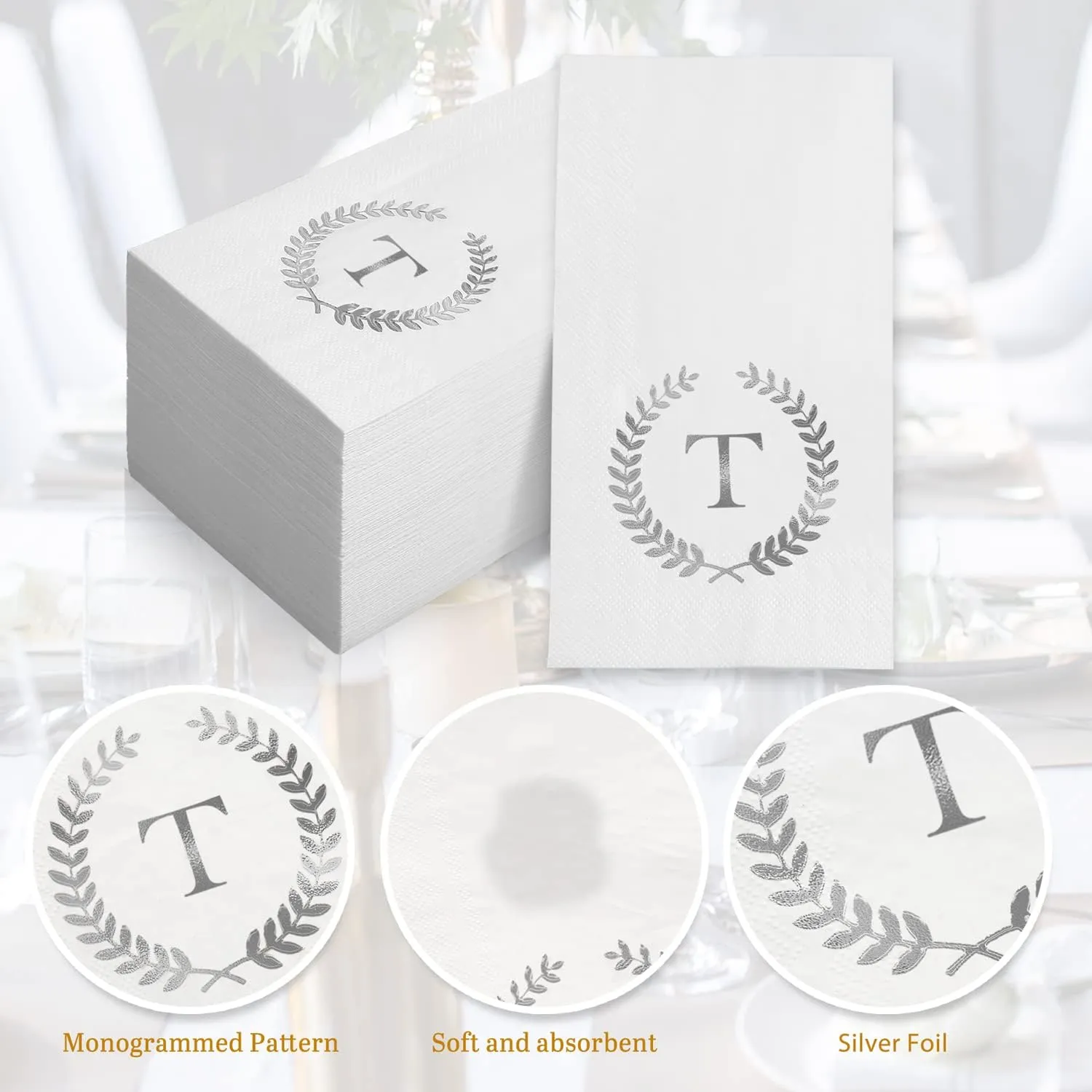200 Pack Monogrammed Disposable Napkins Silver Foil Letter T Guest Napkins Initial Disposable Hand Paper Towels for Wedding Engagement Baby Shower Party Home Kitchen Bathroom Dinner Decorative Towels