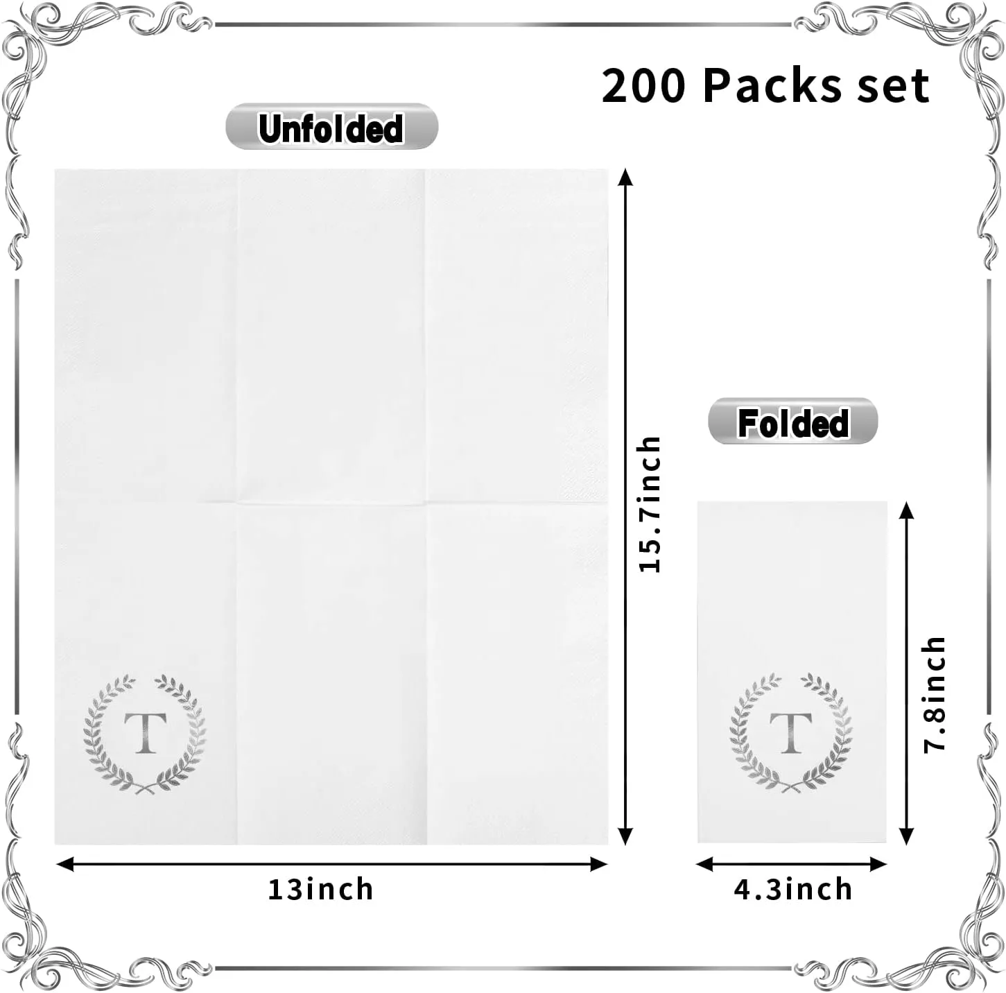 200 Pack Monogrammed Disposable Napkins Silver Foil Letter T Guest Napkins Initial Disposable Hand Paper Towels for Wedding Engagement Baby Shower Party Home Kitchen Bathroom Dinner Decorative Towels