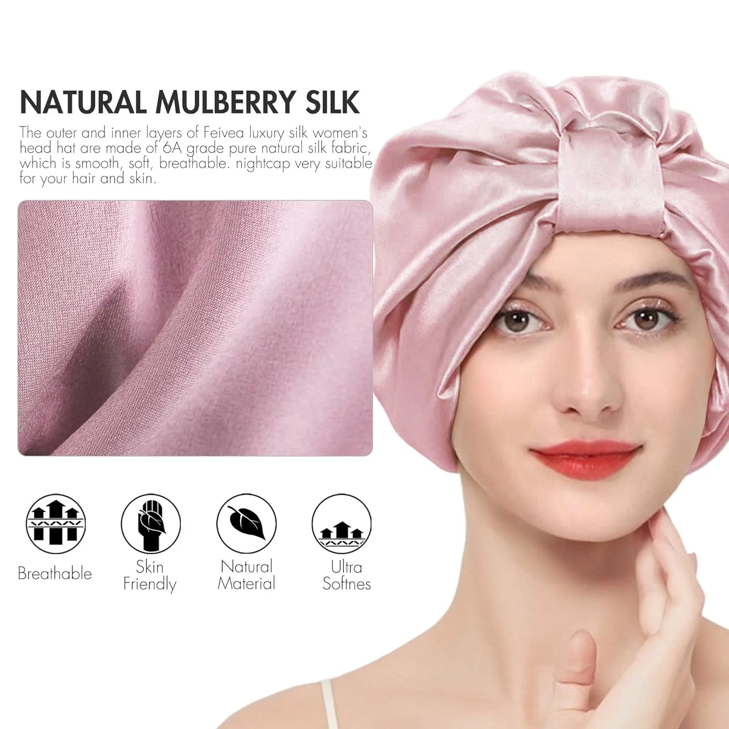22 Momme 100% Mulberry Silk Hair Wrap for Sleeping, Both Sides Silk Bonnet for Women Hair Care, Light Pink