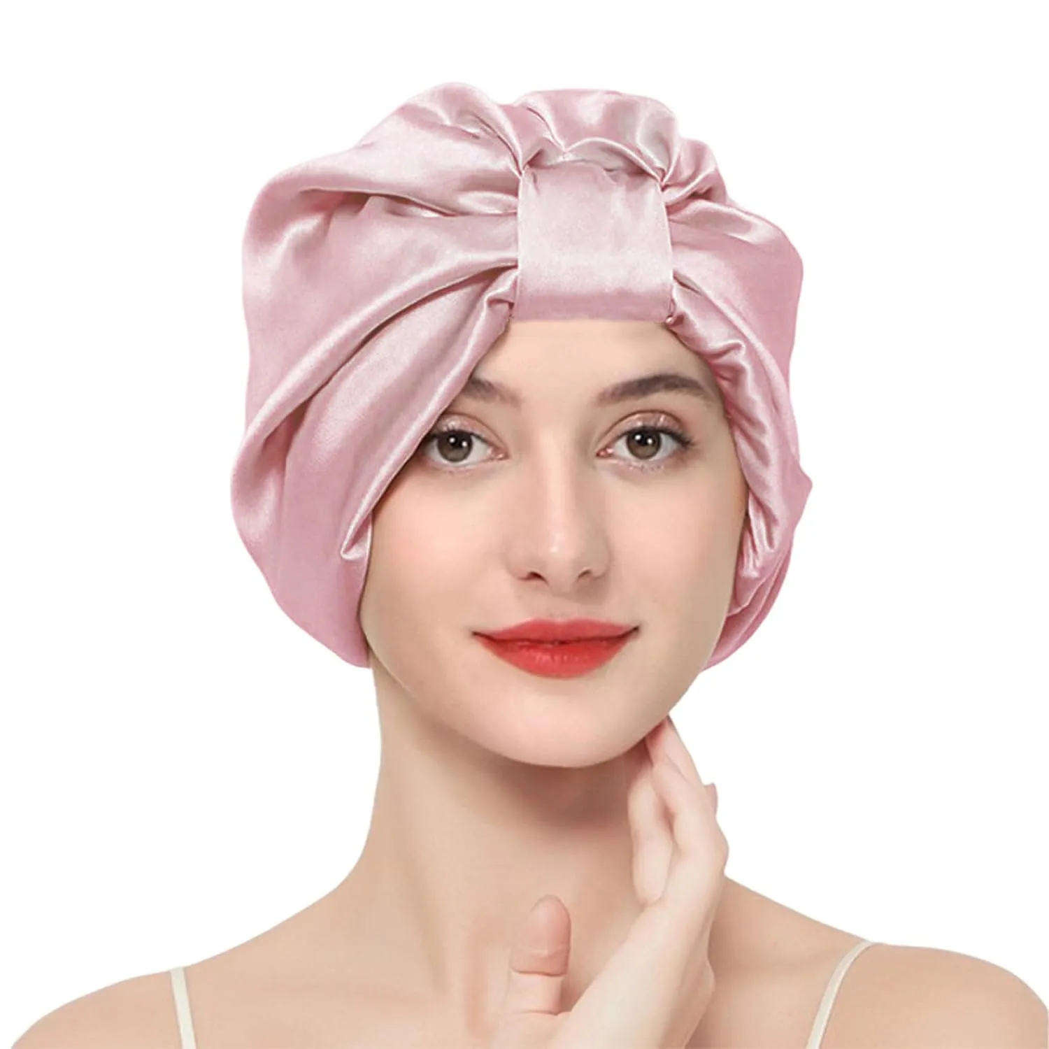 22 Momme 100% Mulberry Silk Hair Wrap for Sleeping, Both Sides Silk Bonnet for Women Hair Care, Light Pink