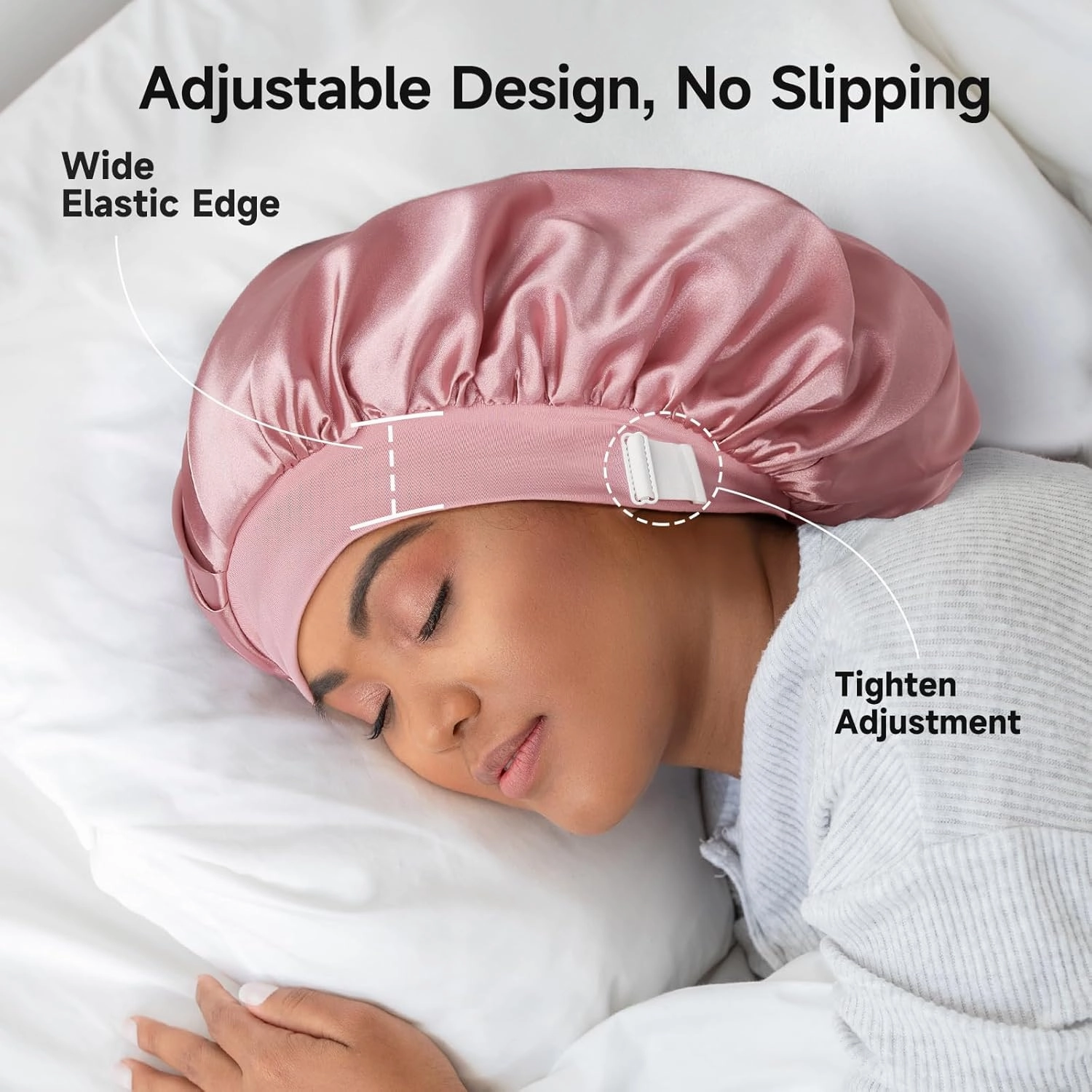 22 Momme 100% Real Mulberry Silk Bonnet for Sleeping Women, Large Hair Care Bonnet for Long Curly Hair, Double Layer Silk Wrap with Soft Elastic Band, Non-Slip Sleep Cap, Pink