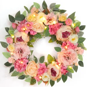 22" Peony Wreath, Floral Spring Summer Wreaths for Front Door & Lights Timer Large Pink Handmade Silk Flower Hydrangea Rose for All Season Wedding Mothers Day Wall Window Home Decor Outdoor Indoor