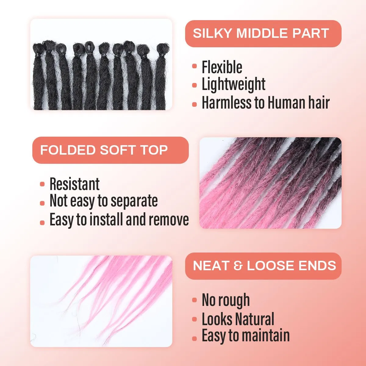 24 inch 30 pcs Ombre Bright Pink Dreadlock Extensions, Single Ended Thin 0.6cm Dreads Extensions, Synthetic Dreadlock Extensions Reggae Hippie Crochet Dreads for Women