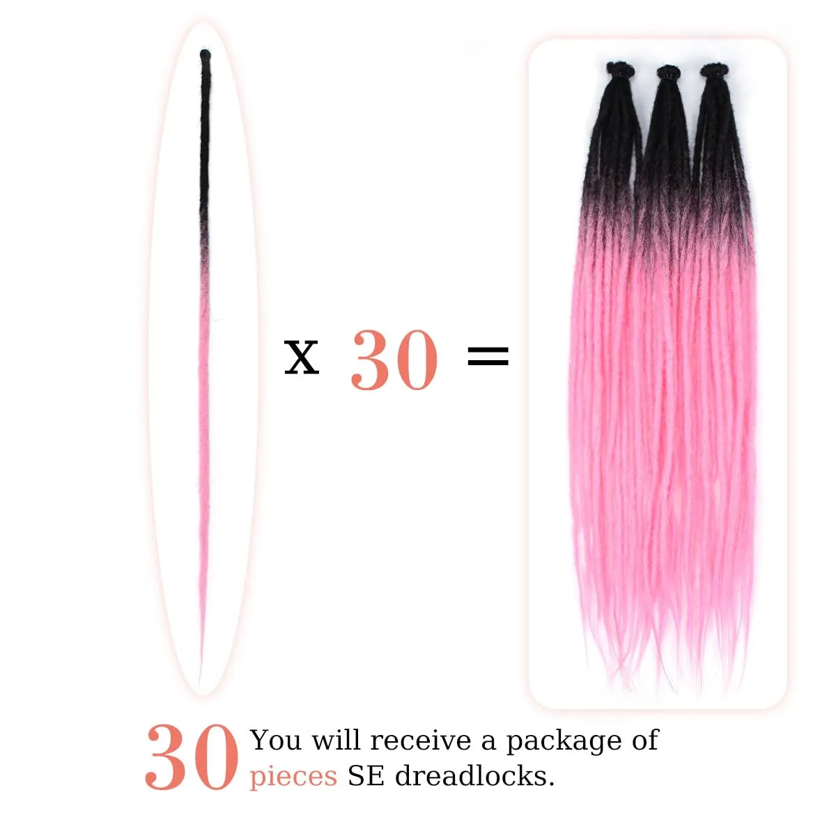 24 inch 30 pcs Ombre Bright Pink Dreadlock Extensions, Single Ended Thin 0.6cm Dreads Extensions, Synthetic Dreadlock Extensions Reggae Hippie Crochet Dreads for Women