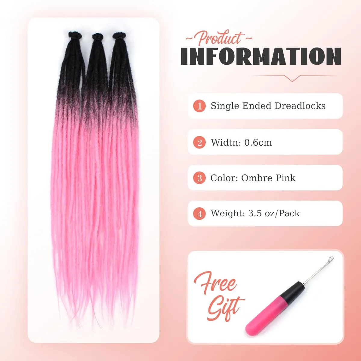 24 inch 30 pcs Ombre Bright Pink Dreadlock Extensions, Single Ended Thin 0.6cm Dreads Extensions, Synthetic Dreadlock Extensions Reggae Hippie Crochet Dreads for Women
